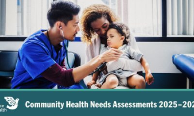 A medical professional with a stethoscope tending to a young child in her mother's lap. Text at the bottom reads Community Health Needs Assessments 2025-208